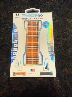 Magnetic Phone Grip Strap in Orange Plaid